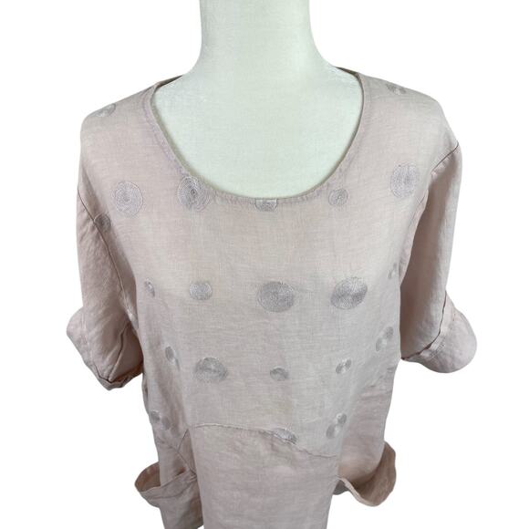 Made In Italy Linen Top Asymmetrical Boho Laganlook Roll Tab Sleeve Pink Large - Picture 3 of 15